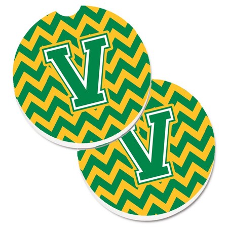 Carolines Treasures Letter V Chevron Green and Gold  Cup Holder Car Coaster, PK2 CJ1059-VCARC